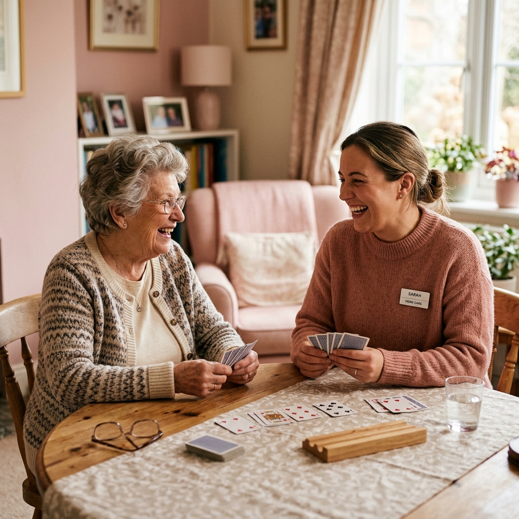 Caregiver providing friendly companionship to a senior