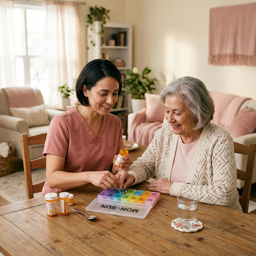 Caregiver helping organize medications
