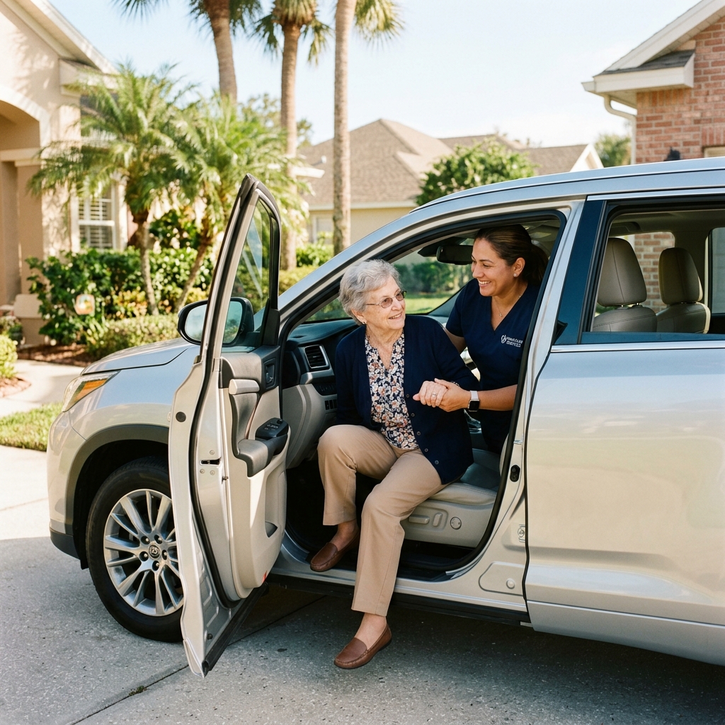 Senior being safely driven to an appointment